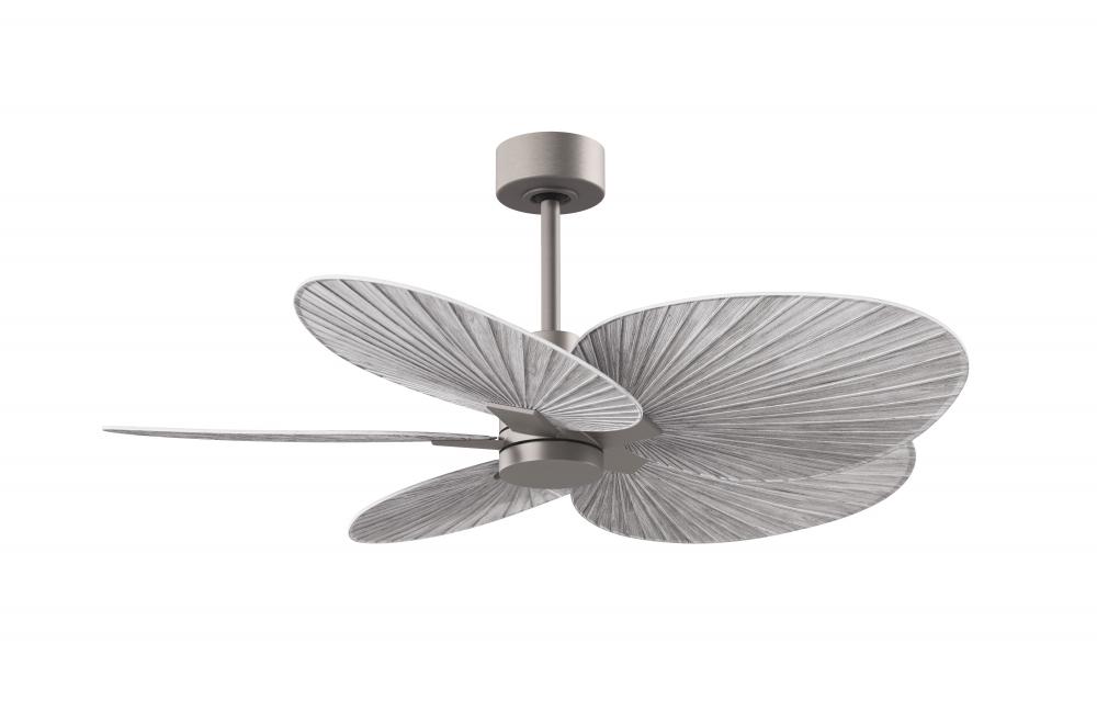 Alessandra Tropical 5-blade ceiling fan in Brushed Nickel and Barn Wood blades.